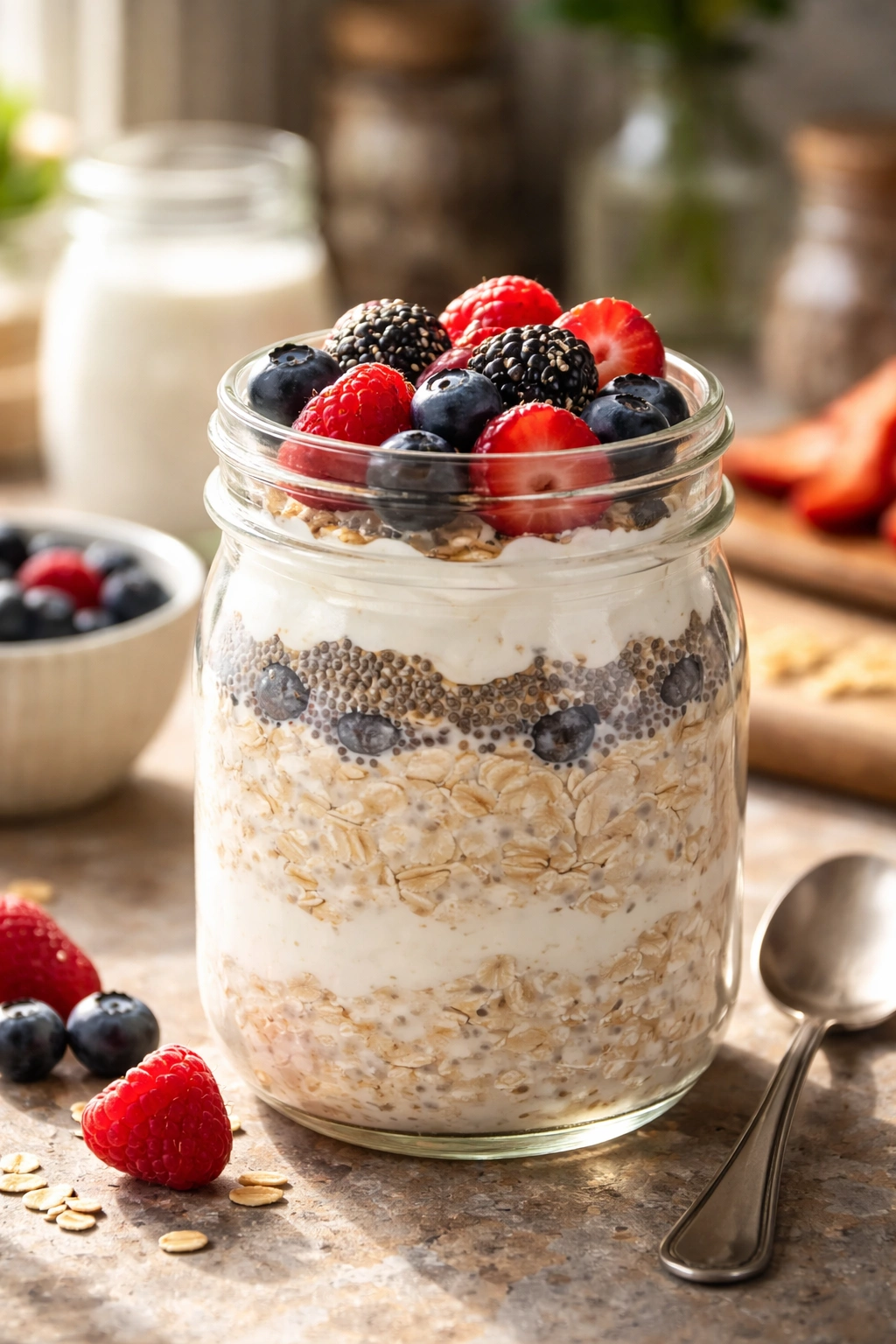 Close-up of Greek yogurt overnight oats in a glass jar with berries on a warm kitchen counter.