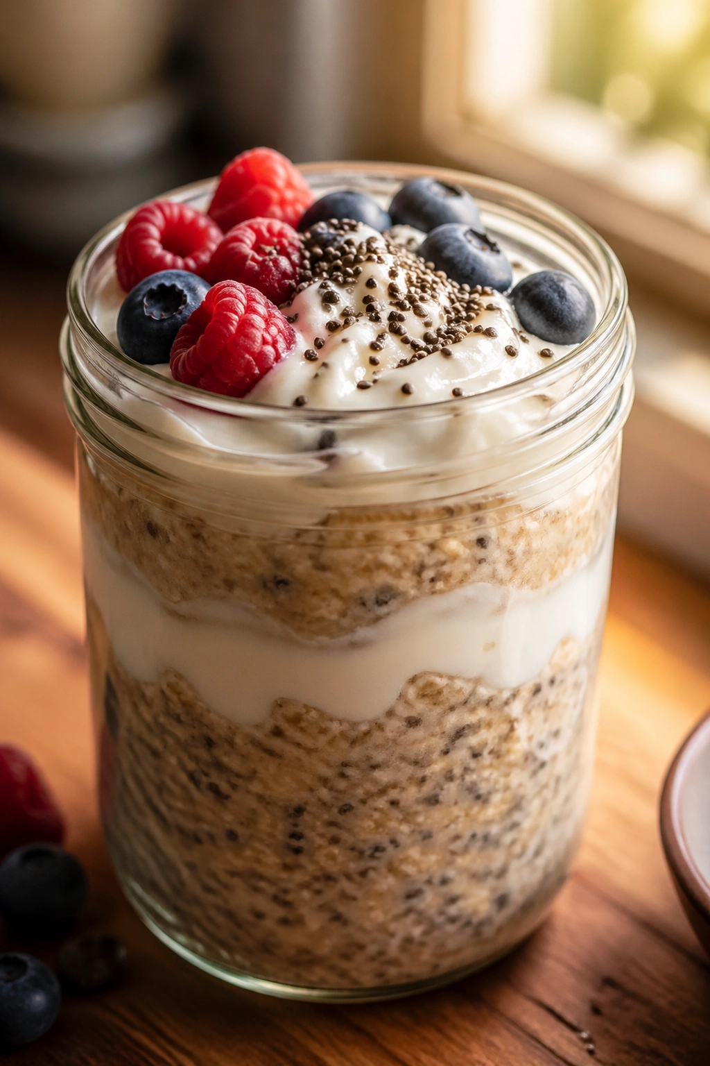 Close-up of a jar of protein-packed overnight oats with yogurt and chia in a bright kitchen
