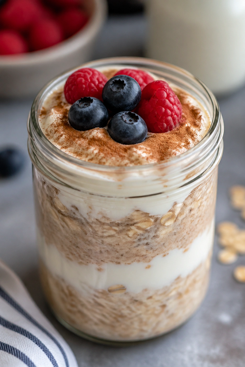 Jar of overnight oats with yogurt and cinnamon