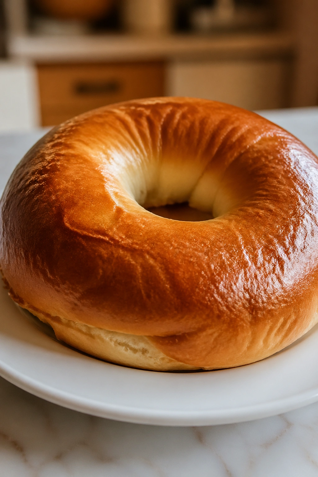 Close-up of an oversized bagel on a plate with warm kitchen light
