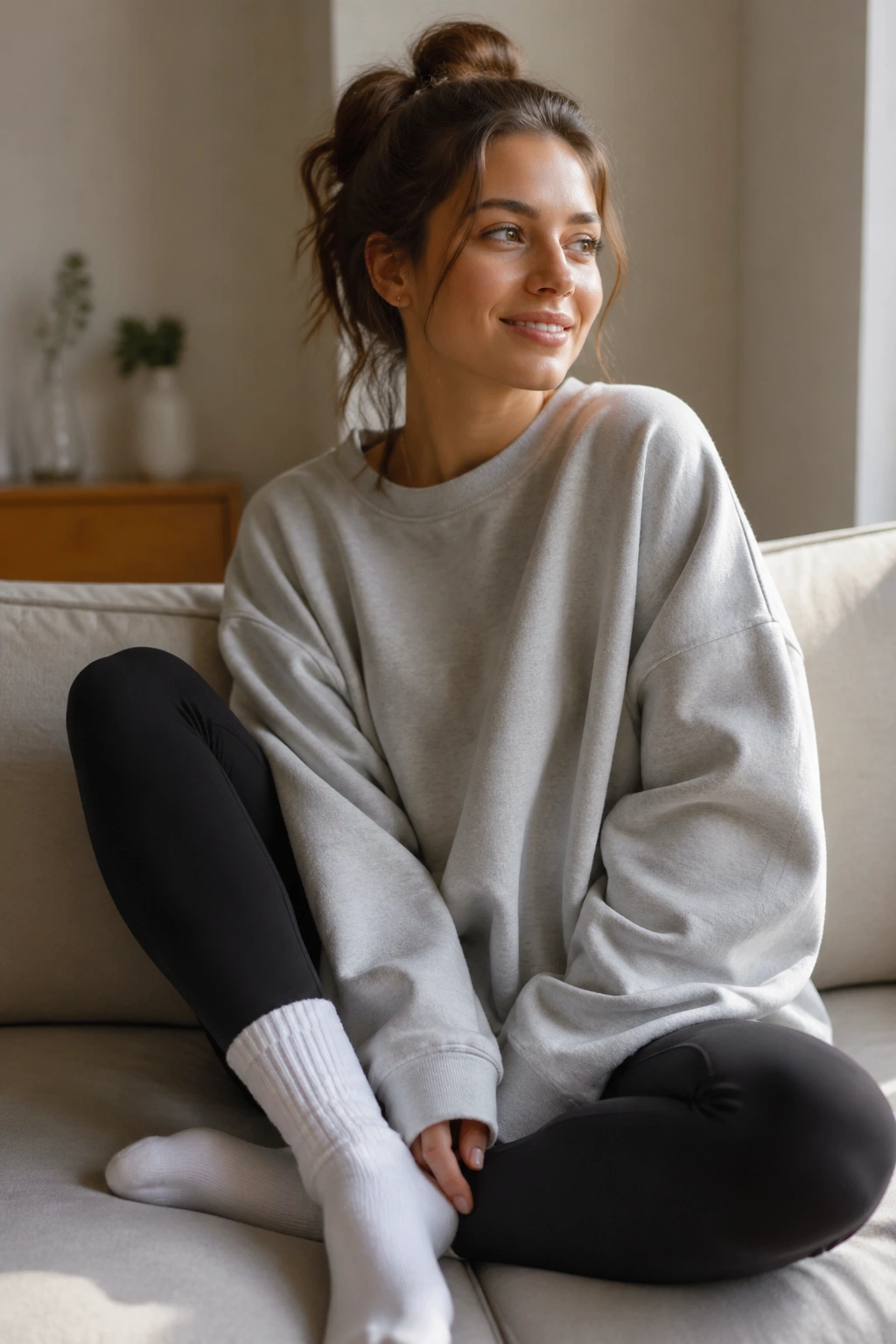 Real person in oversized sweatshirt with crew socks in cozy living room