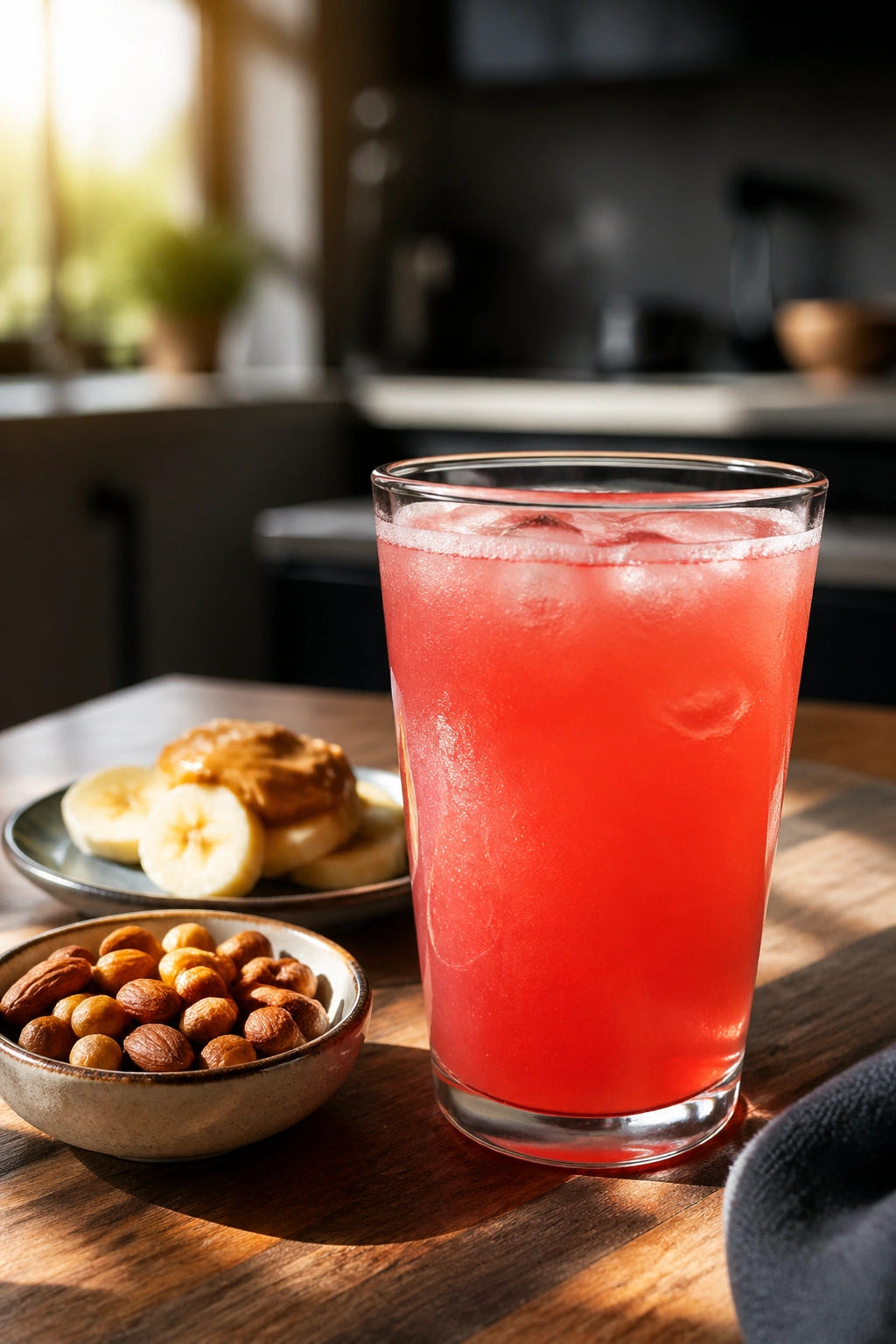 Glass of vibrant pre-workout drink on a kitchen counter