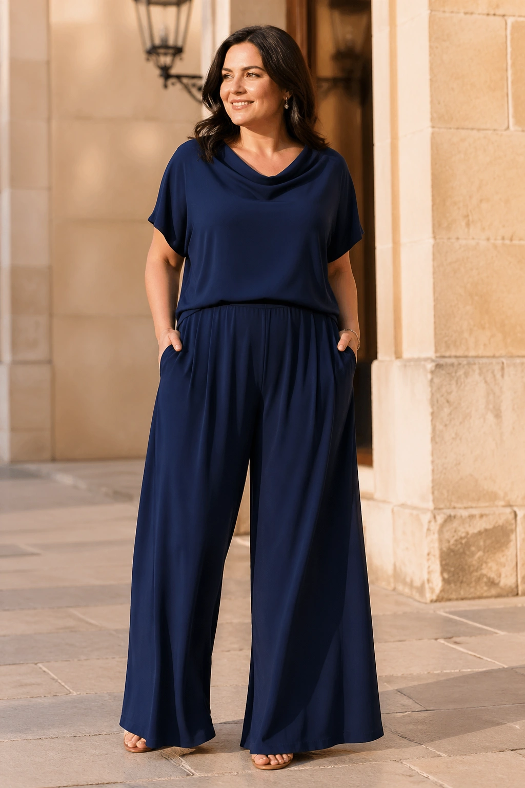 Full-length woman in palazzo pants and drapey top on outdoor plaza in golden hour light