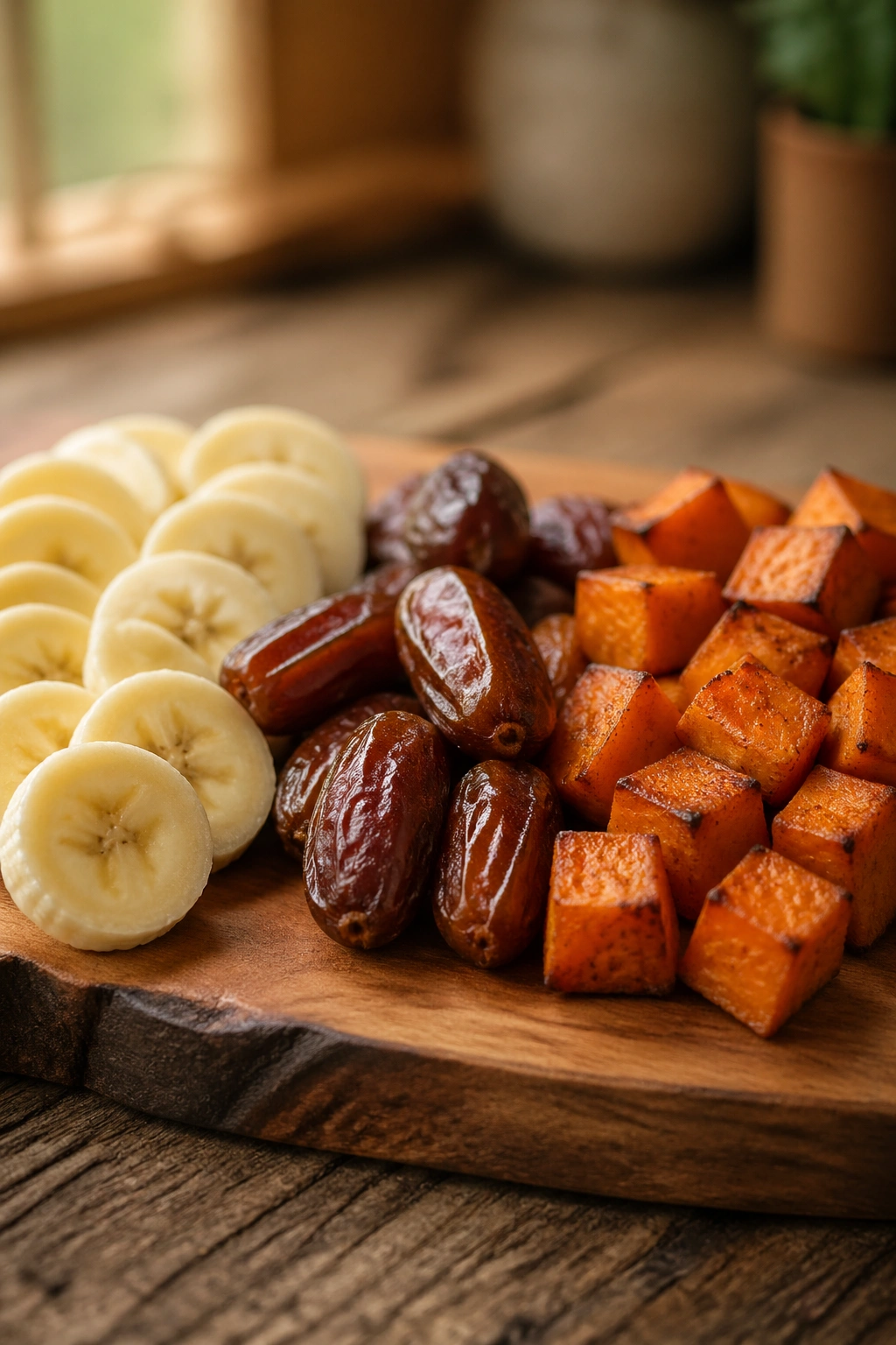 Close up of paleo pre-workout foods on a wooden board emphasizing energy carbs