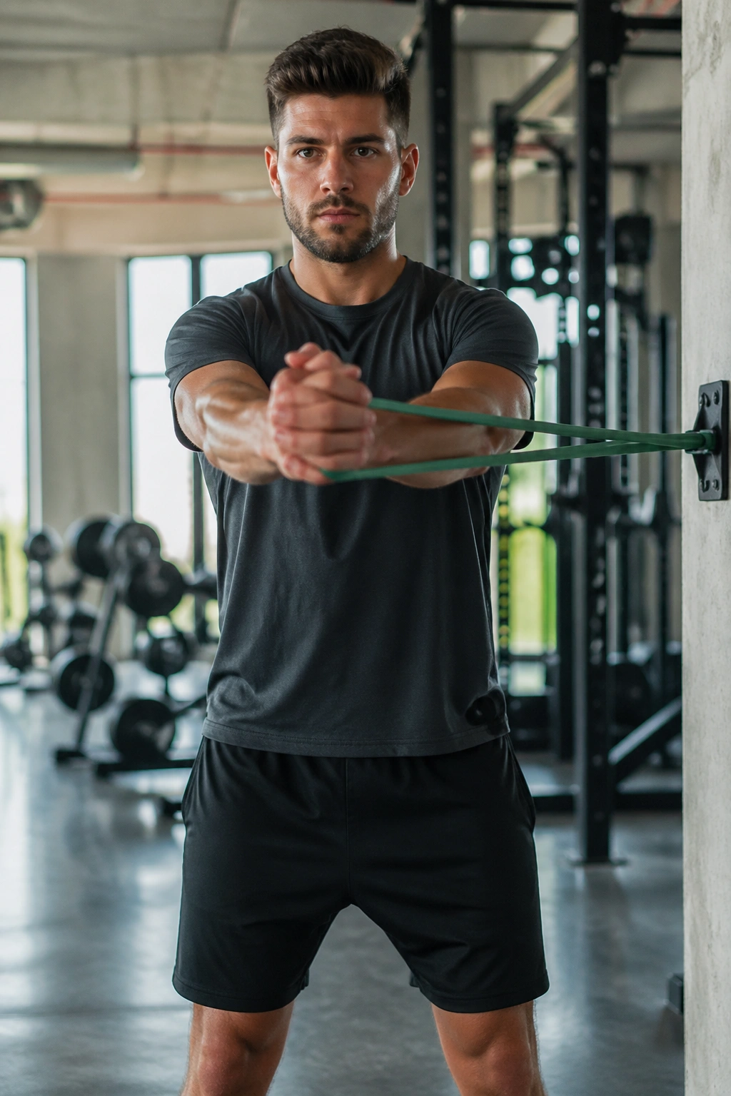 Person performing pallof press with resistance band staying square to avoid twisting
