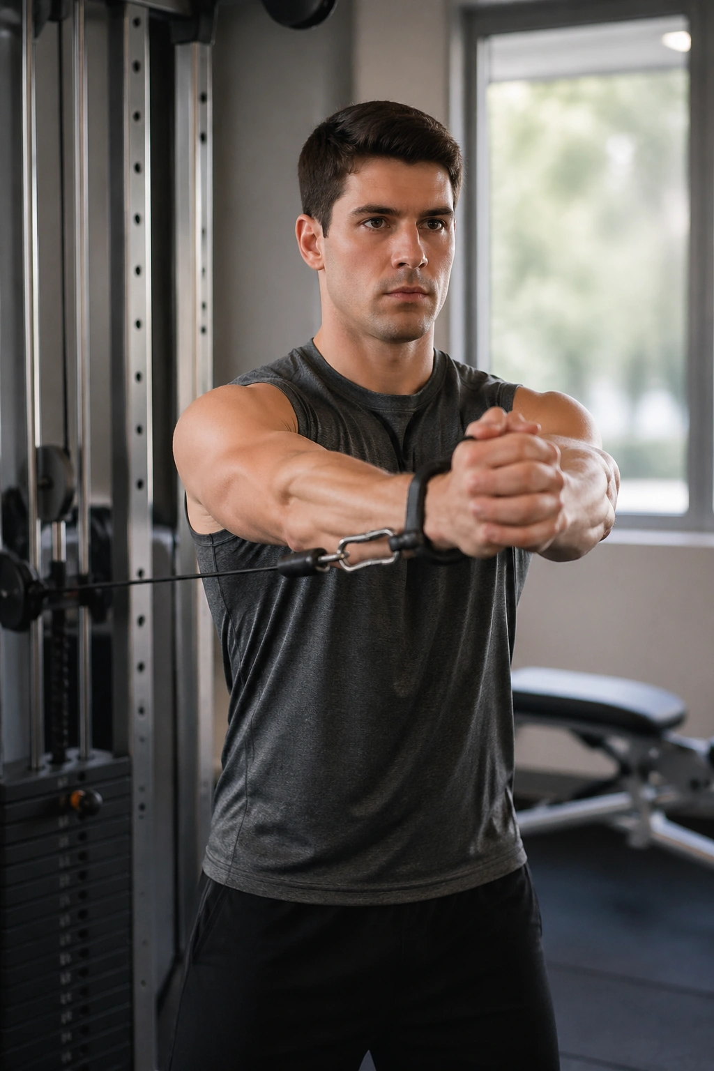 Close-up of torso and arms performing Pallof press with cable in a gym