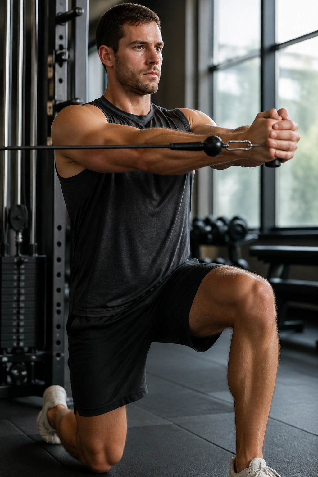 Close-up of a person performing Pallof press with resistance band, emphasizing anti-rotation core engagement