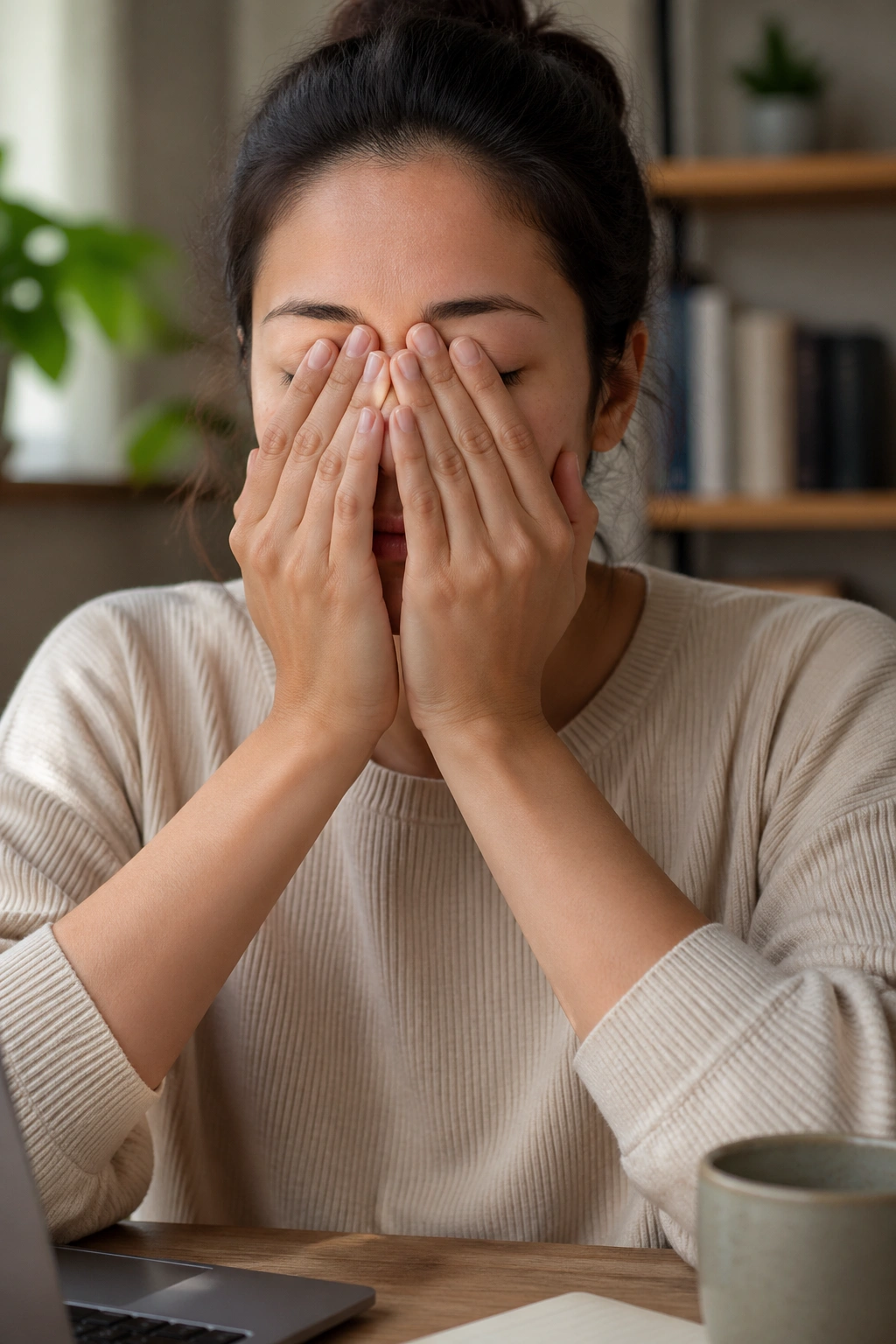 Close-up of warm hands cupping over closed eyes during palming exercise