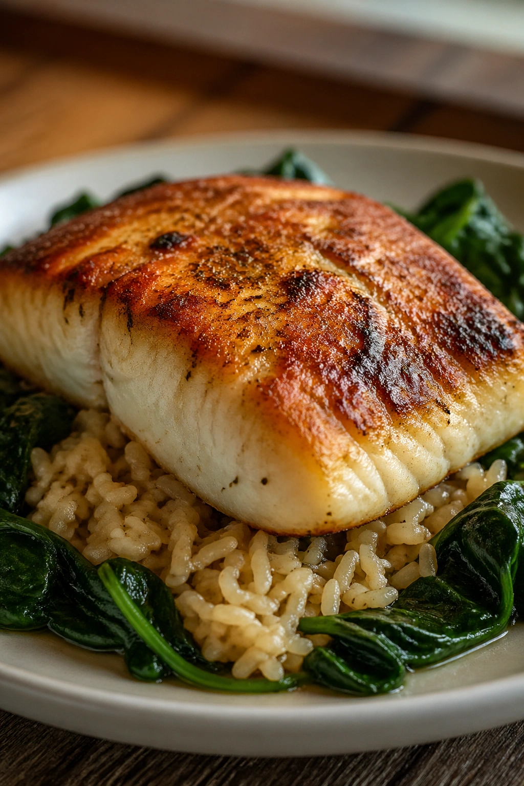 Close-up of pan-seared cod fillet with brown rice and spinach on a rustic plate