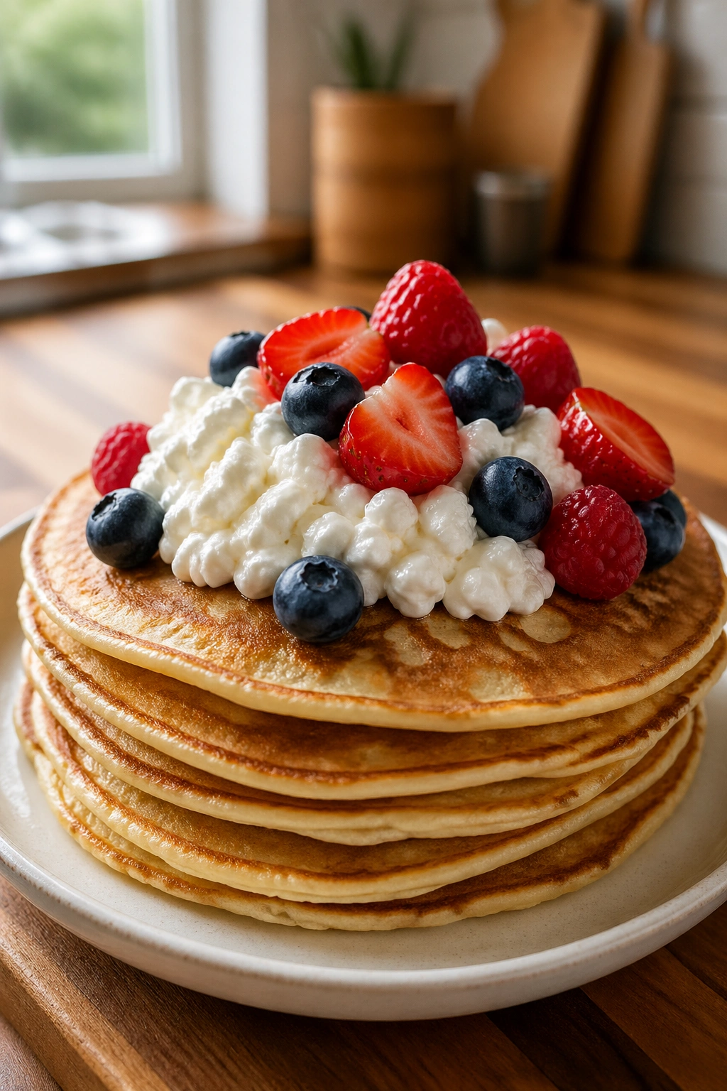 Close-up of a stack of pancakes with fruit and cottage cheese on a plate in a bright morning kitchen