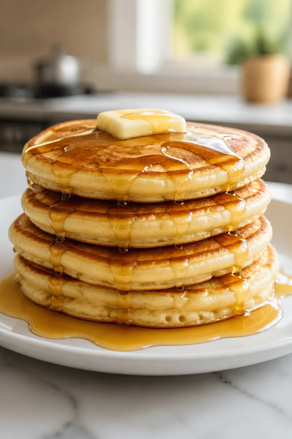Stack of pancakes with light syrup on a plate in a kitchen
