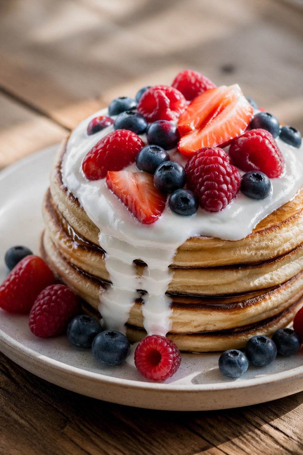Stack of pancakes with berries and yogurt on a plate