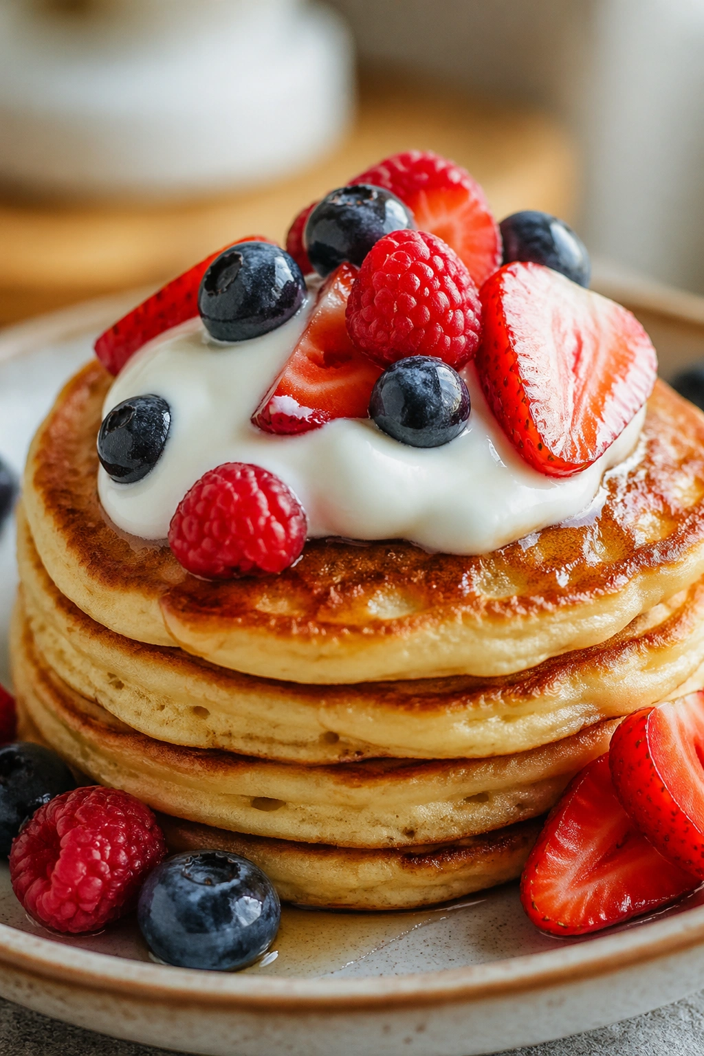 Stack of pancakes with Greek yogurt and fruit on a plate