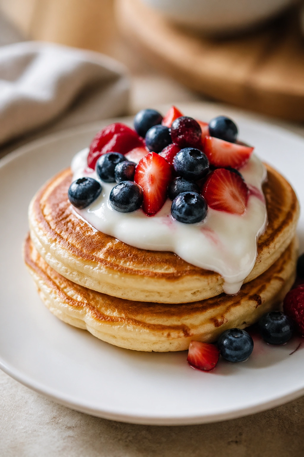 Close-up of pancakes topped with Greek yogurt and fresh fruit on a plate