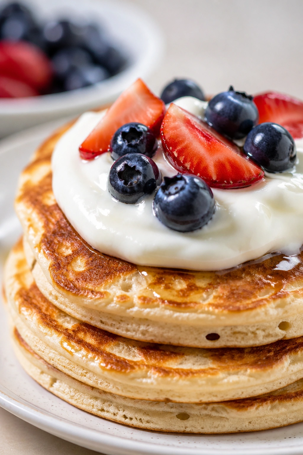 Stack of pancakes with yogurt and berries on top on a plate