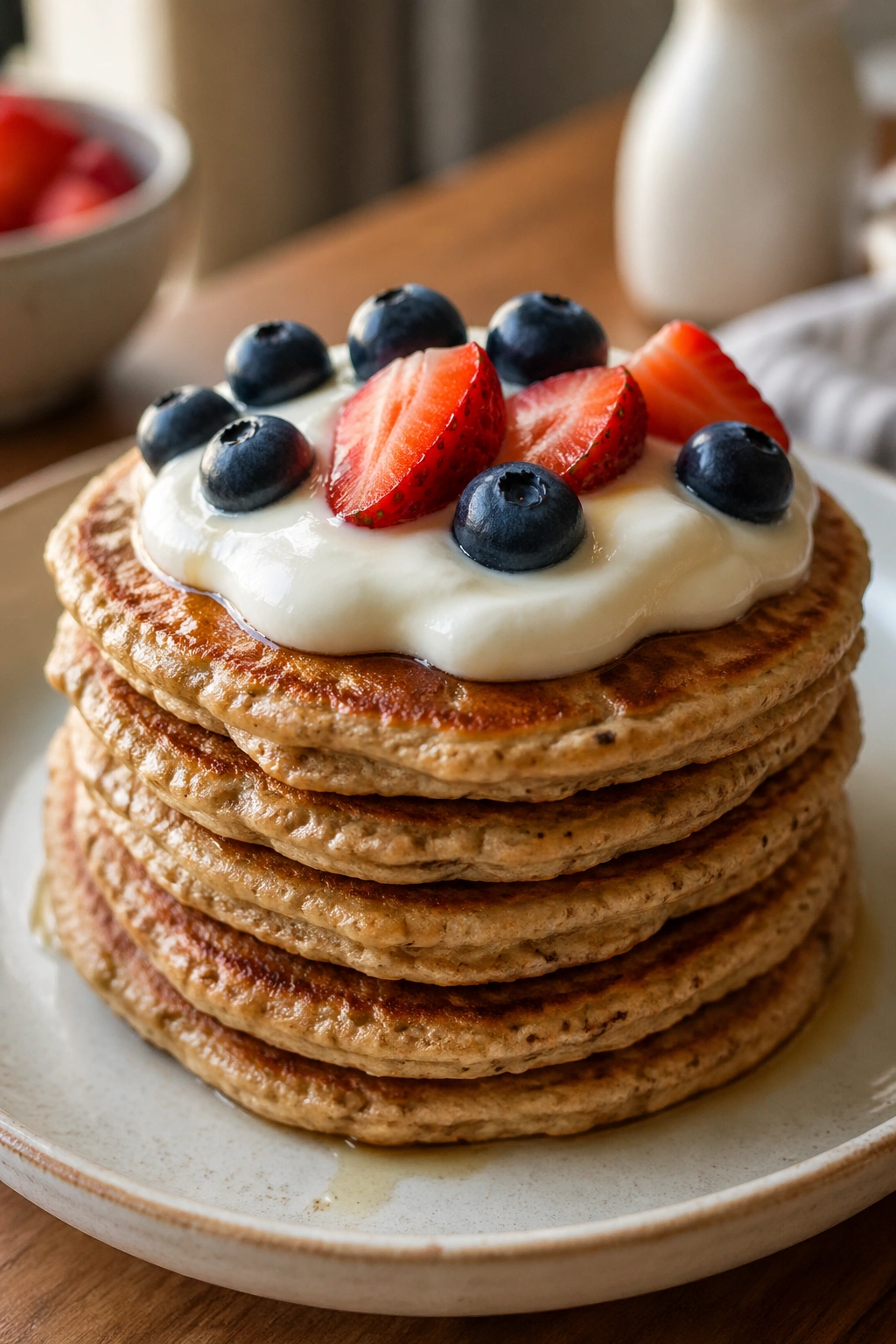 Stack of whole-grain pancakes with yogurt on a plate