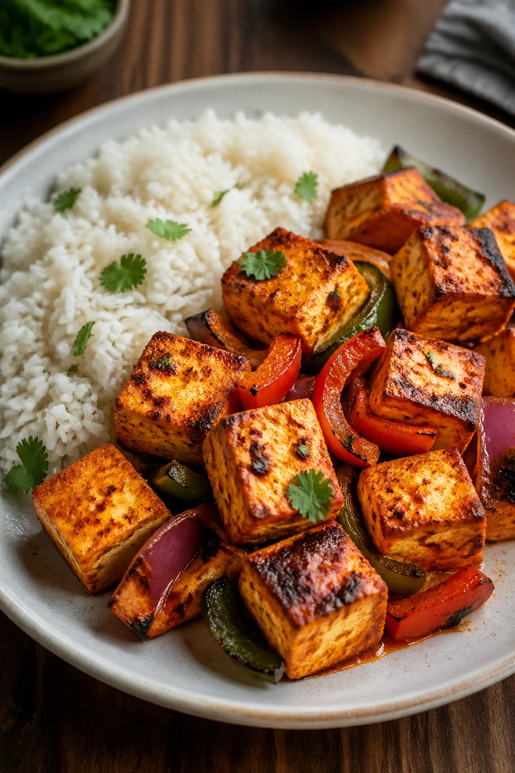 Close-up of paneer tikka with rice on a plate, vibrant colors.