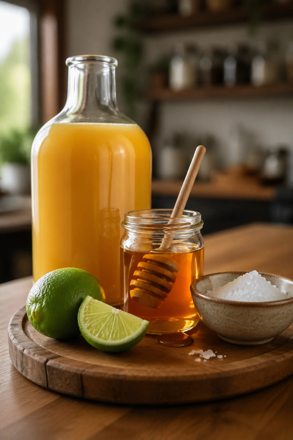 Unlabeled pantry staples on a wooden board in a warm kitchen