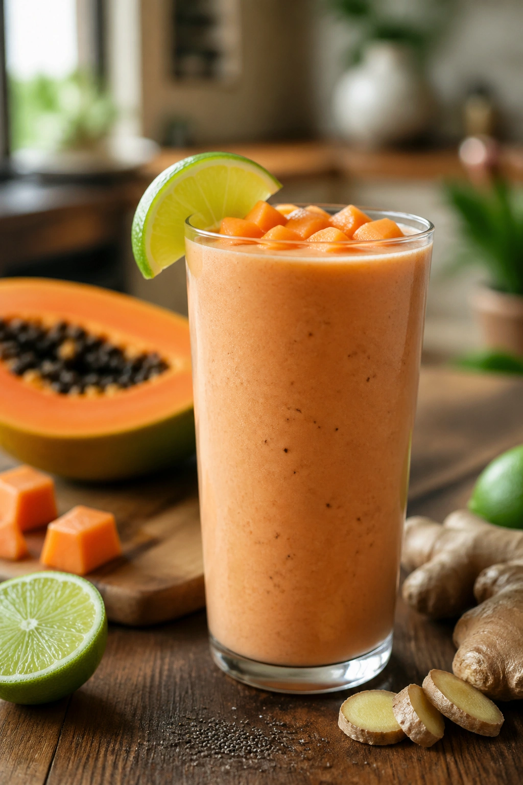 Close-up of Papaya Lime Kefir Smoothie in a glass with a lime wedge on a wooden counter