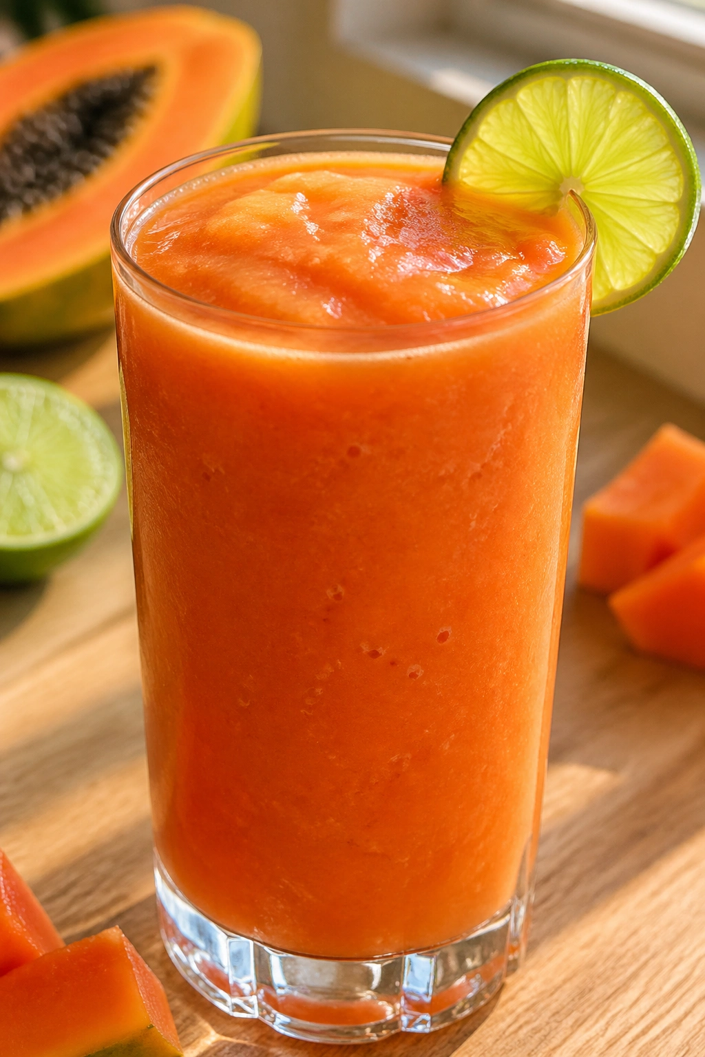 Close-up of tropical papaya lime smoothie in a glass