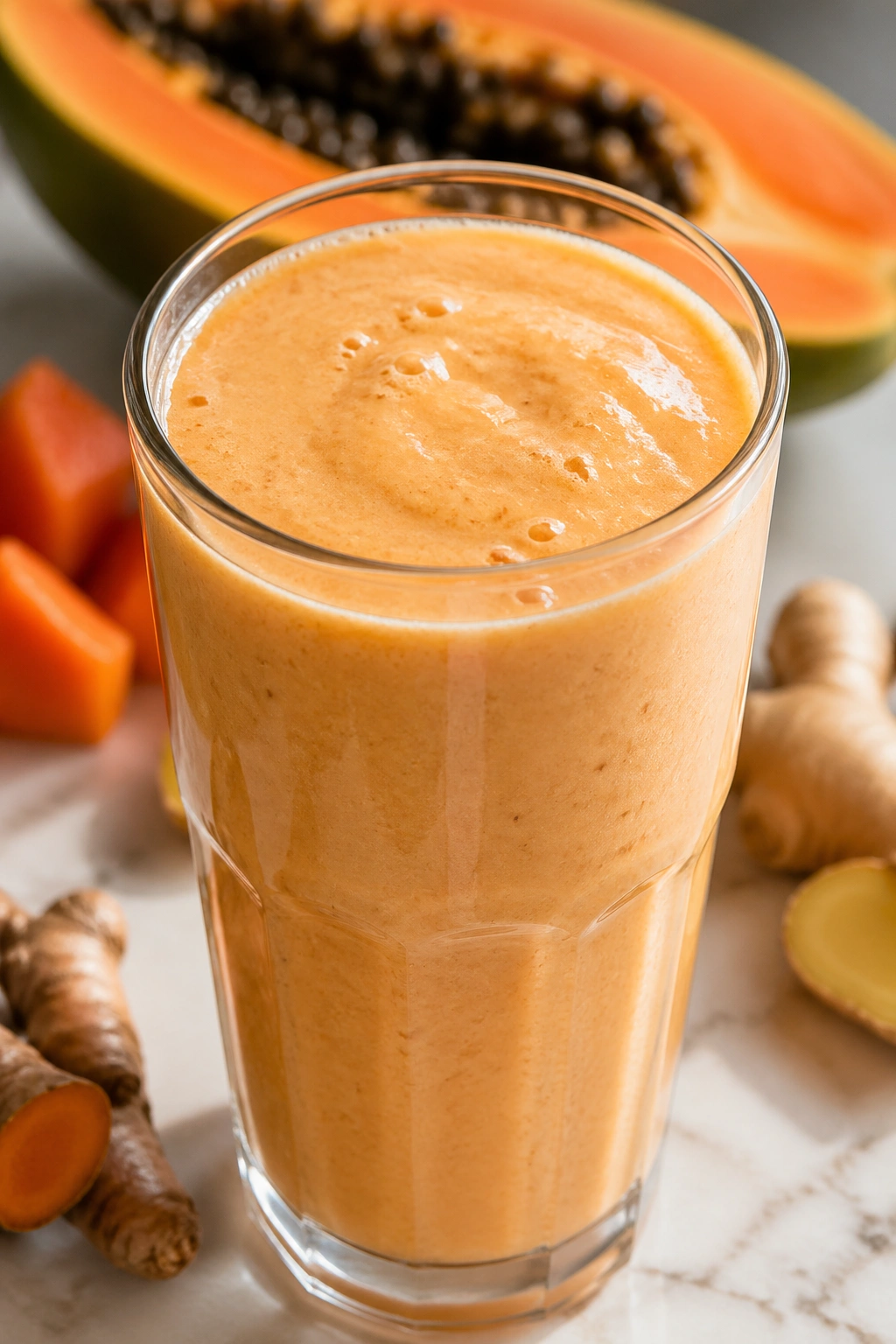 Close-up of a glass of papaya turmeric yogurt smoothie on a bright kitchen counter