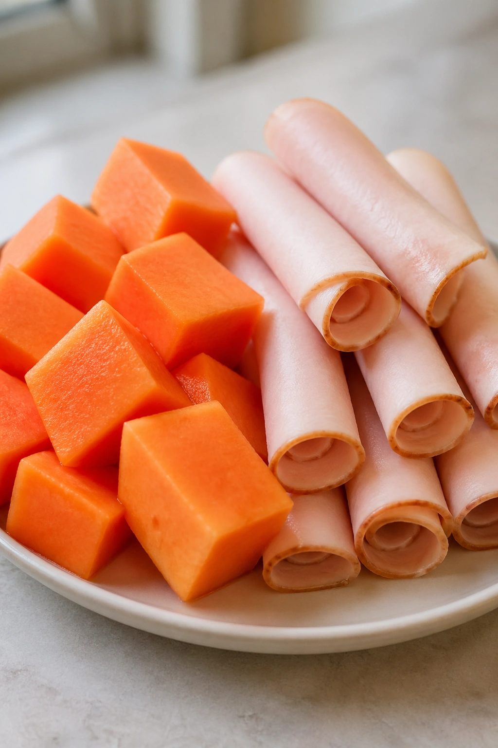 Papaya cubes with turkey roll-ups on a plate in a bright kitchen
