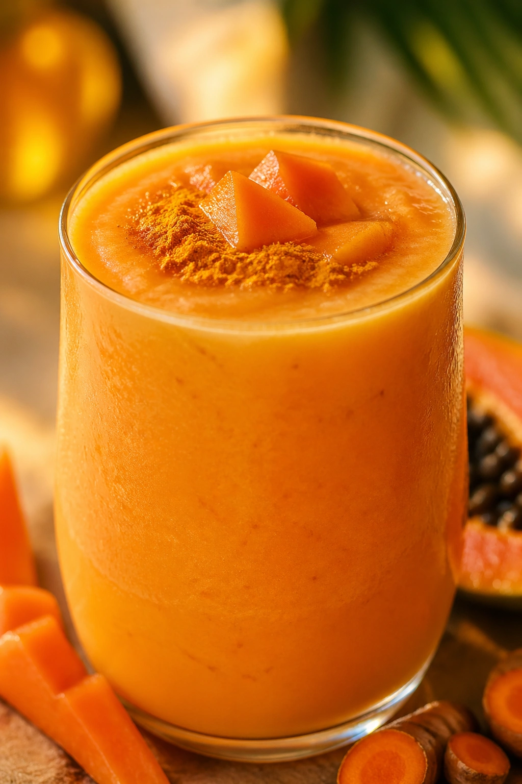 Close-up of Tropical Papaya Turmeric Blend in a glass on a sunny kitchen counter