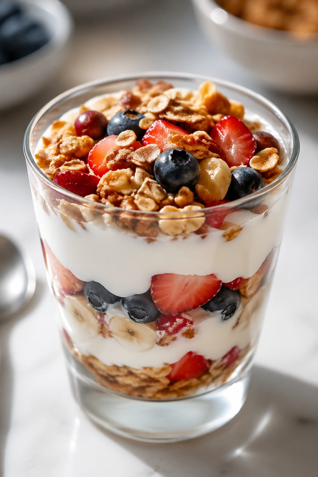 Vertical parfait in a glass with yogurt, fruit, and granola layers