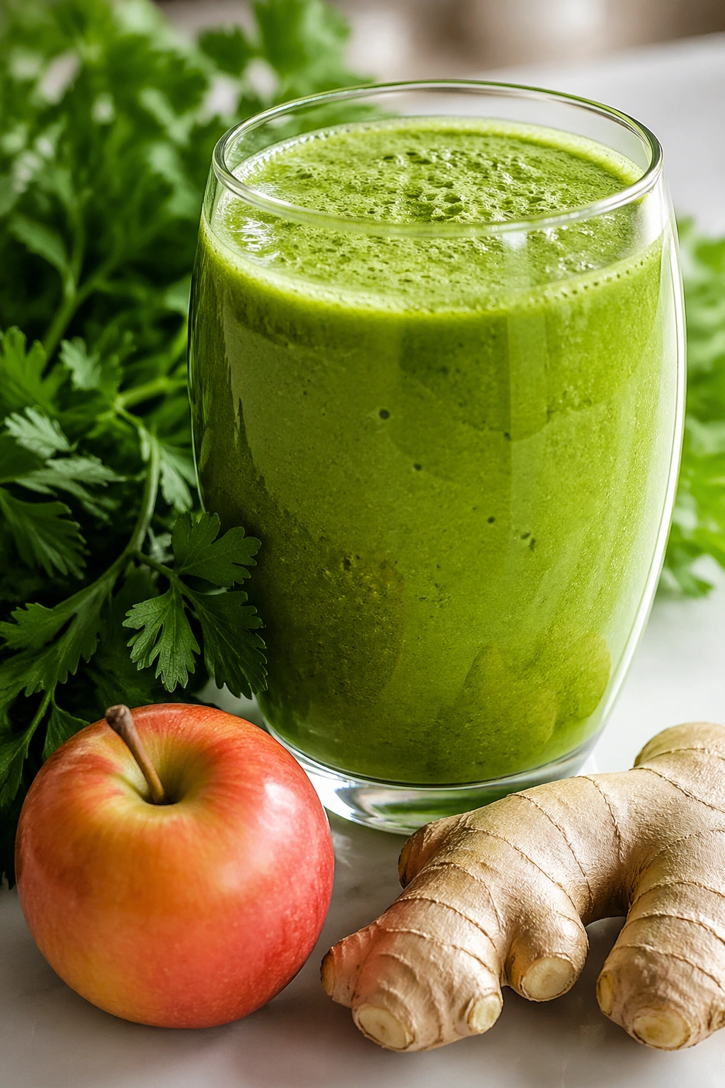 Green smoothie with parsley, apple, and ginger on a kitchen counter