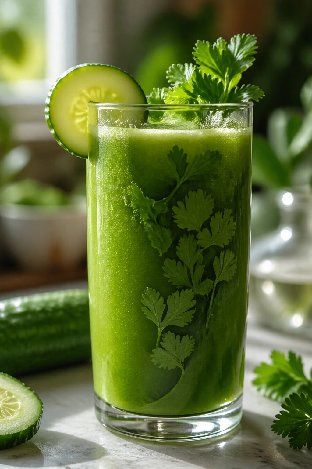 Tall glass of parsley and cucumber juice on a sunlit kitchen counter.