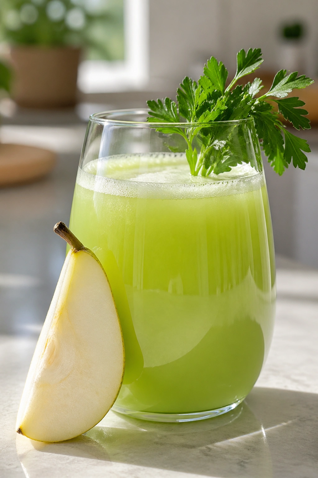Close-up of Parsley Pear Ginger Blend in a glass with parsley on rim and pear wedge