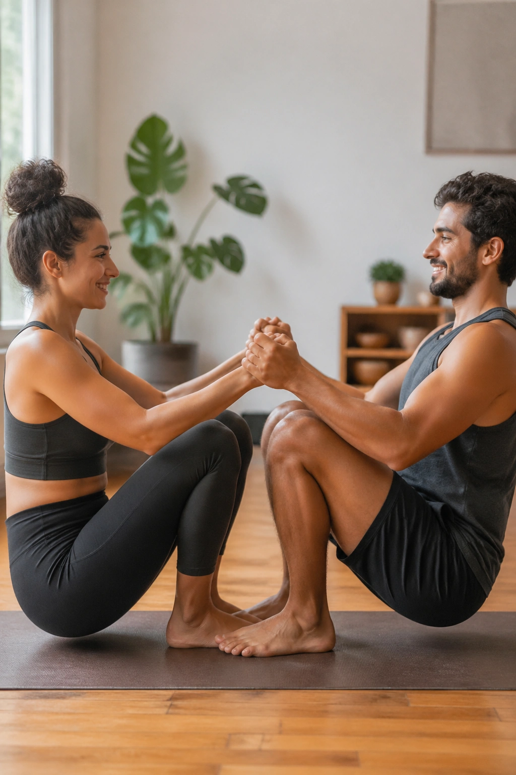 Two adults performing Partner Boat Pose With Bent Knees, facing each other with bent knees and joined hands