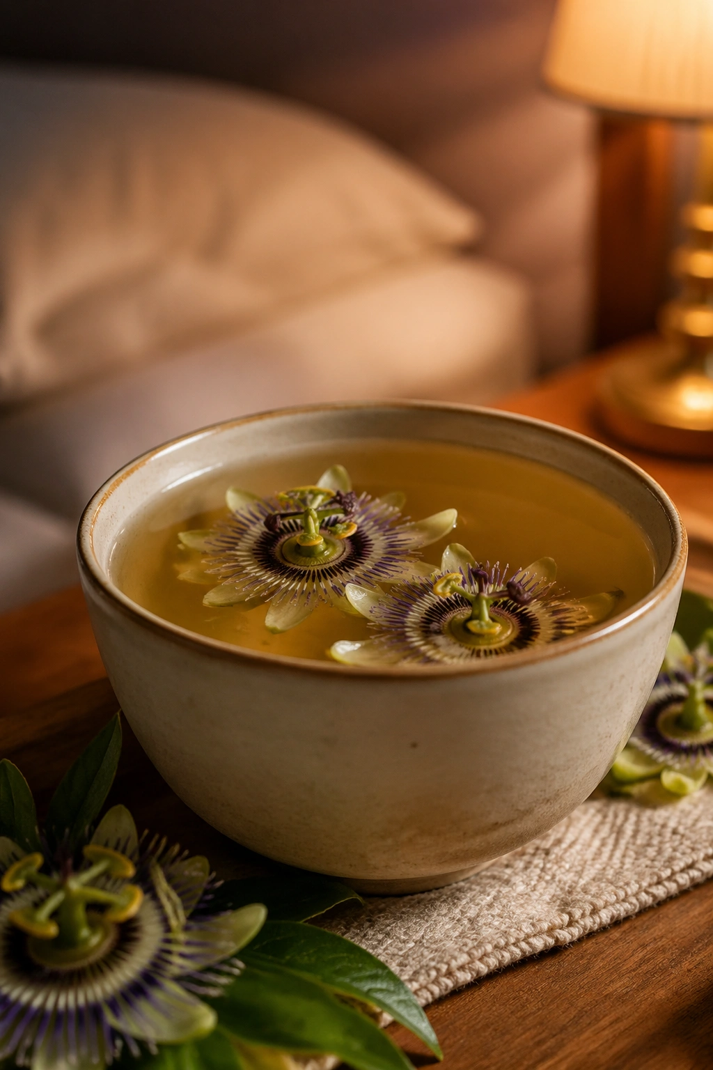 Close-up of passionflower tea in a pale cup on a calm bedside table