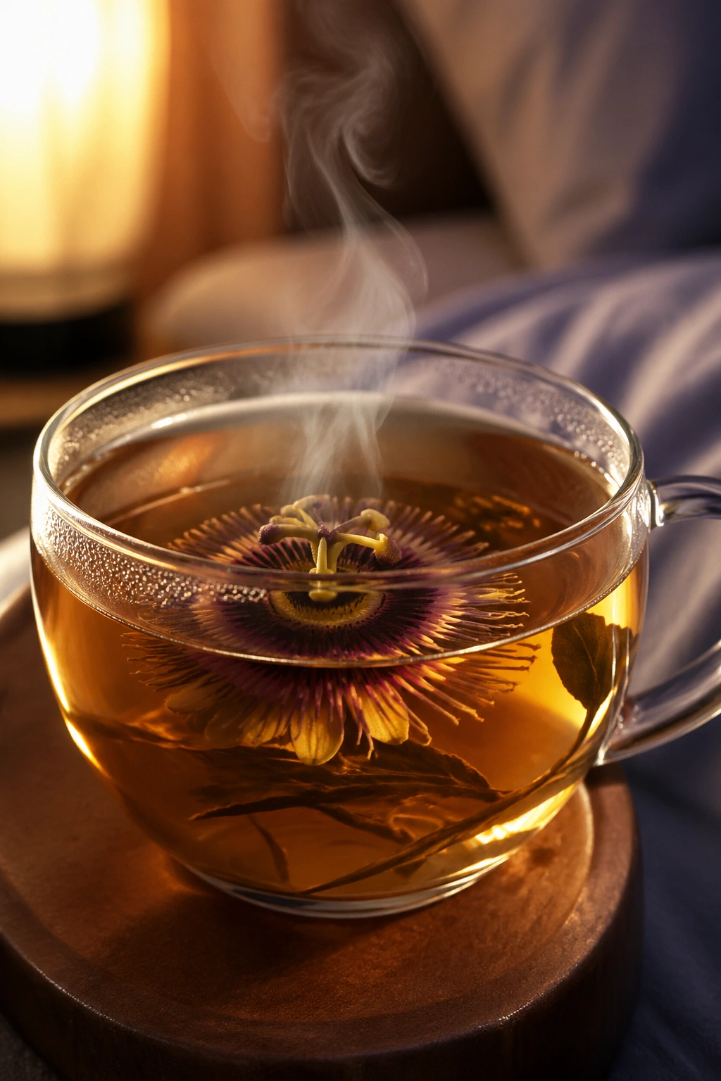 Close-up of a passionflower tea cup on a bedside table with warm light.