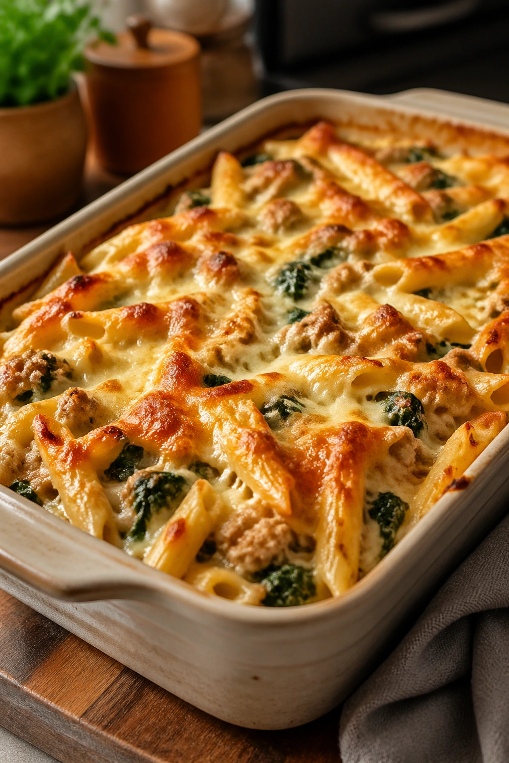 Baked cottage cheese turkey pasta with melted mozzarella and spinach
