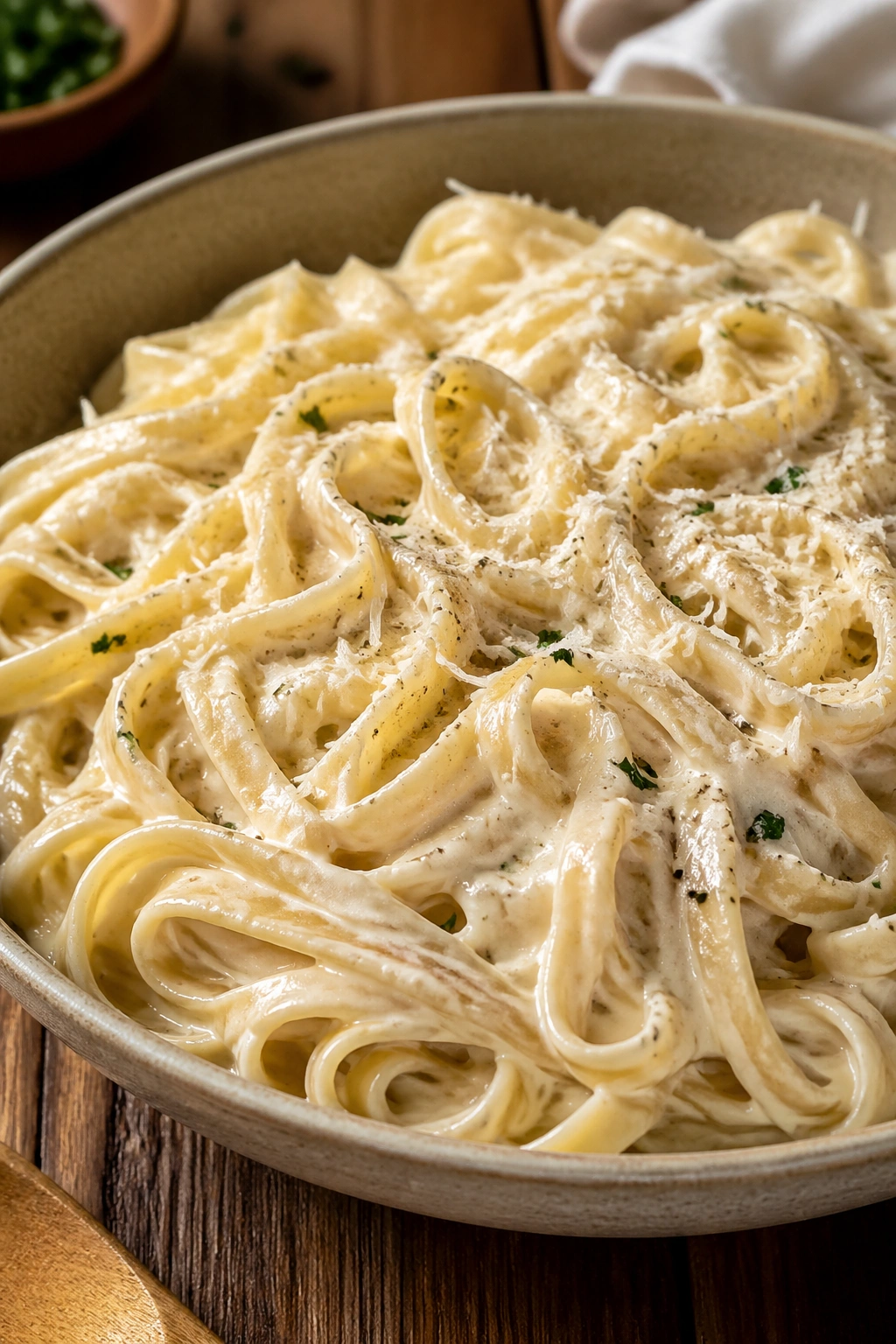 Close-up of creamy pasta in a bowl with parmesan on a wooden table
