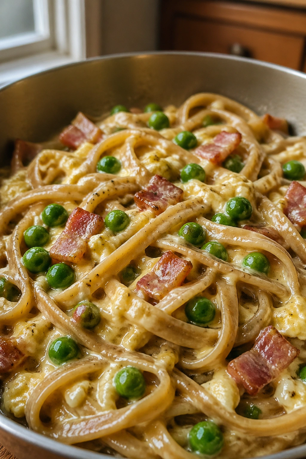 Close-up of whole-wheat pasta with glossy egg-Parmesan sauce, peas, and turkey bacon on a warm kitchen counter