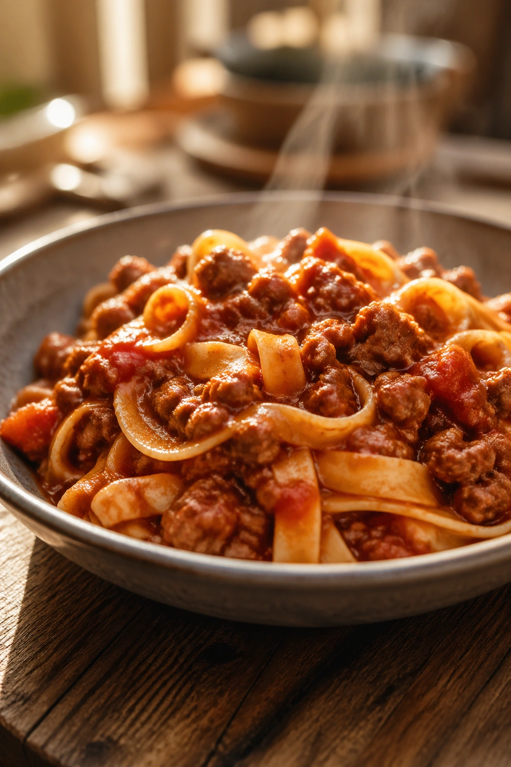 Close-up of pasta with lean meat sauce on a rustic table for post-workout recovery