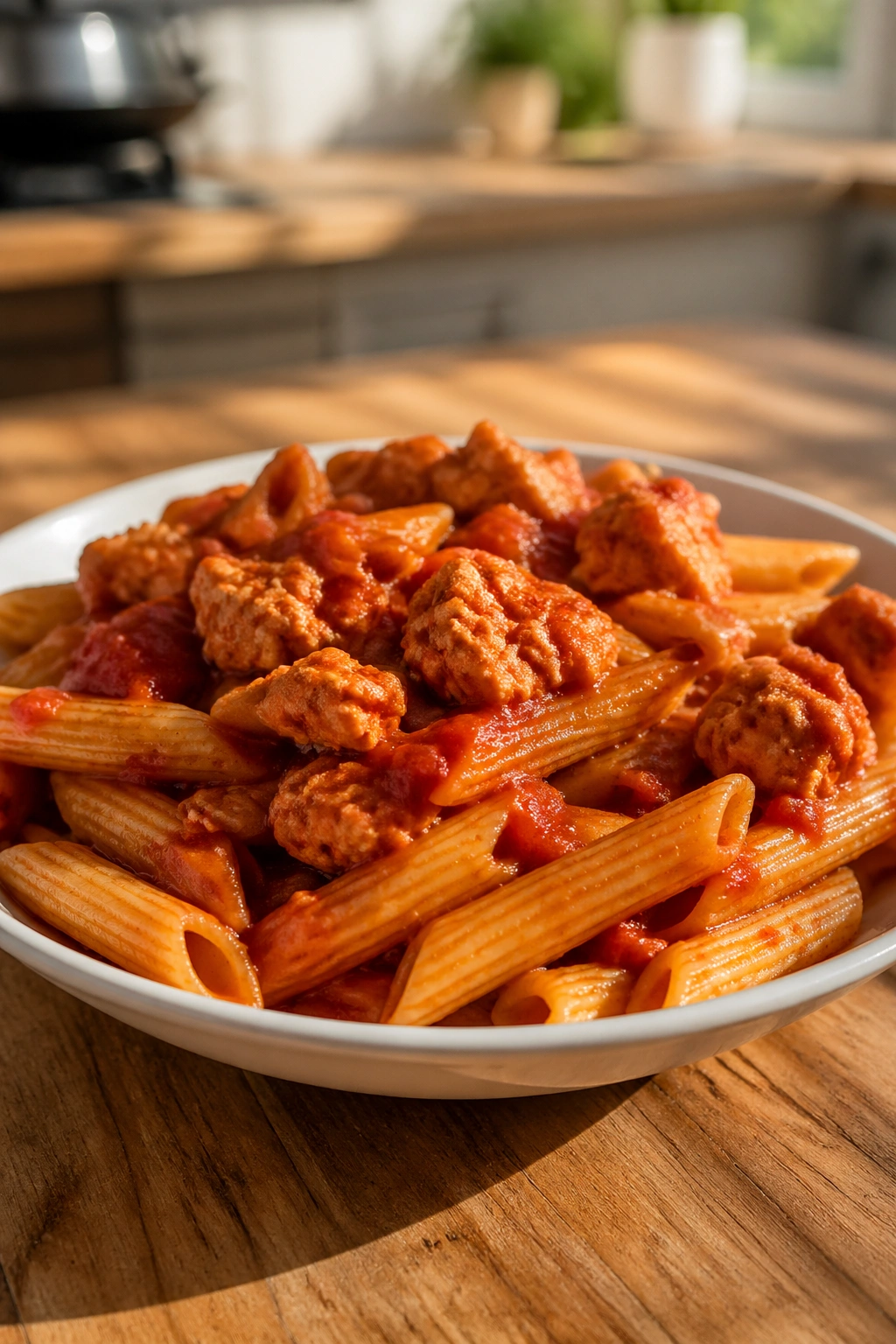 Plate of pasta with lean turkey and marinara sauce