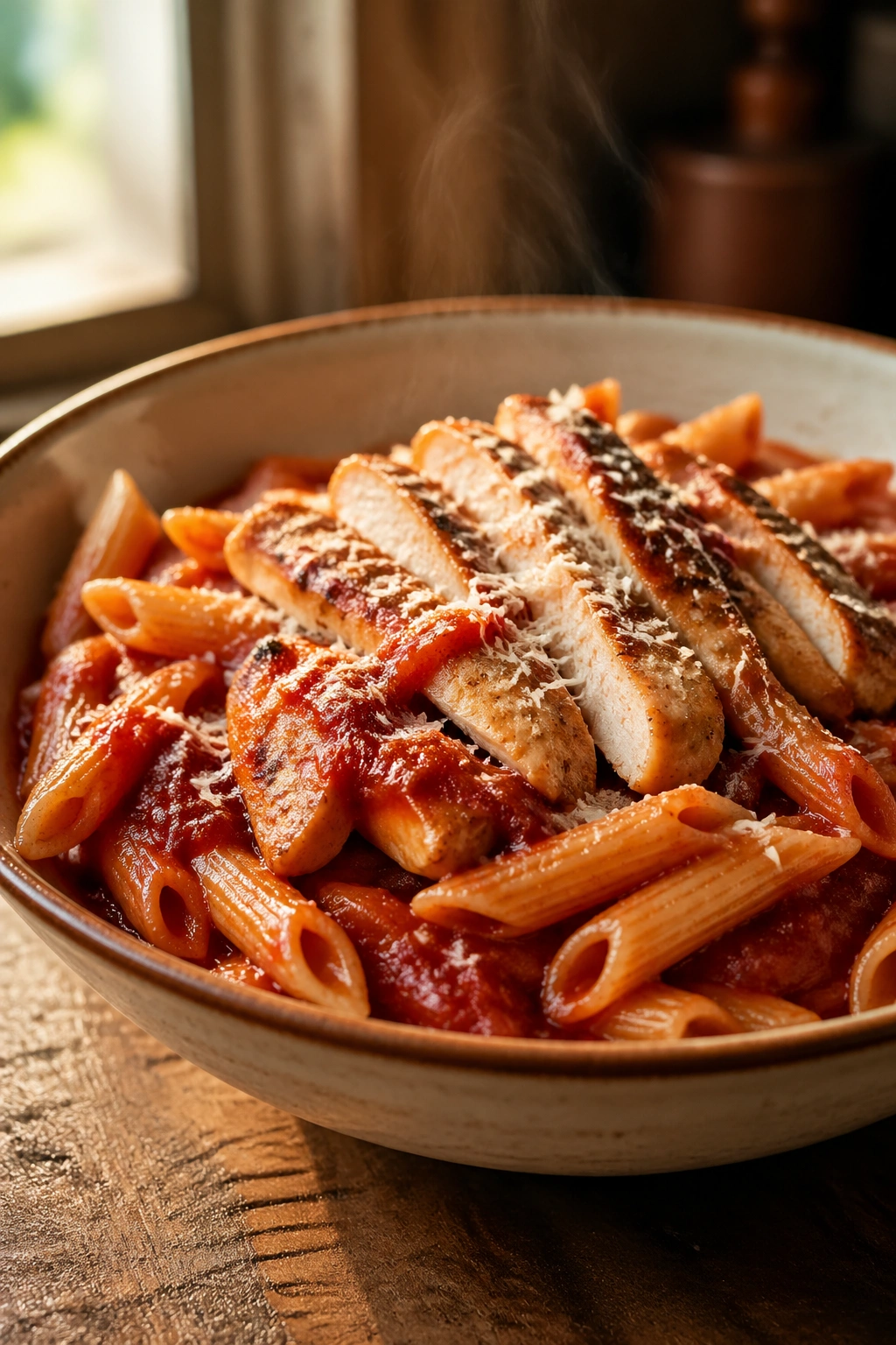 Close-up of pasta with marinara sauce and lean protein on a rustic wooden table