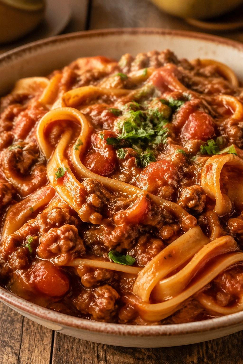 Close-up of pasta with meat sauce in a bowl