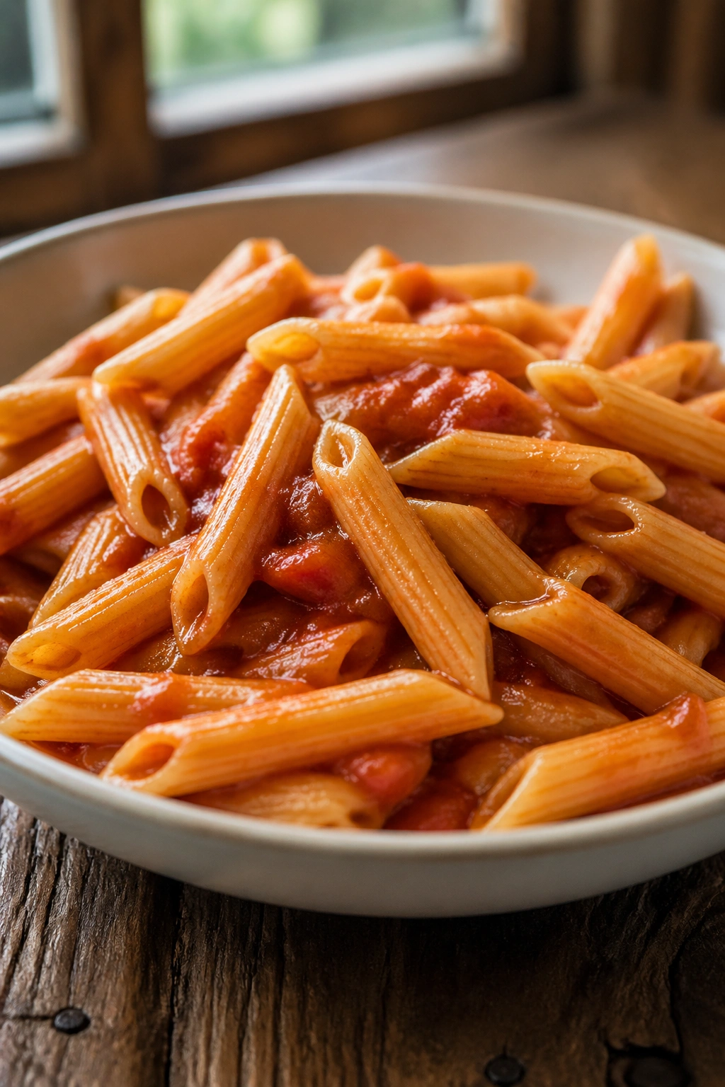 Close-up of a plate of plain pasta with light tomato sauce