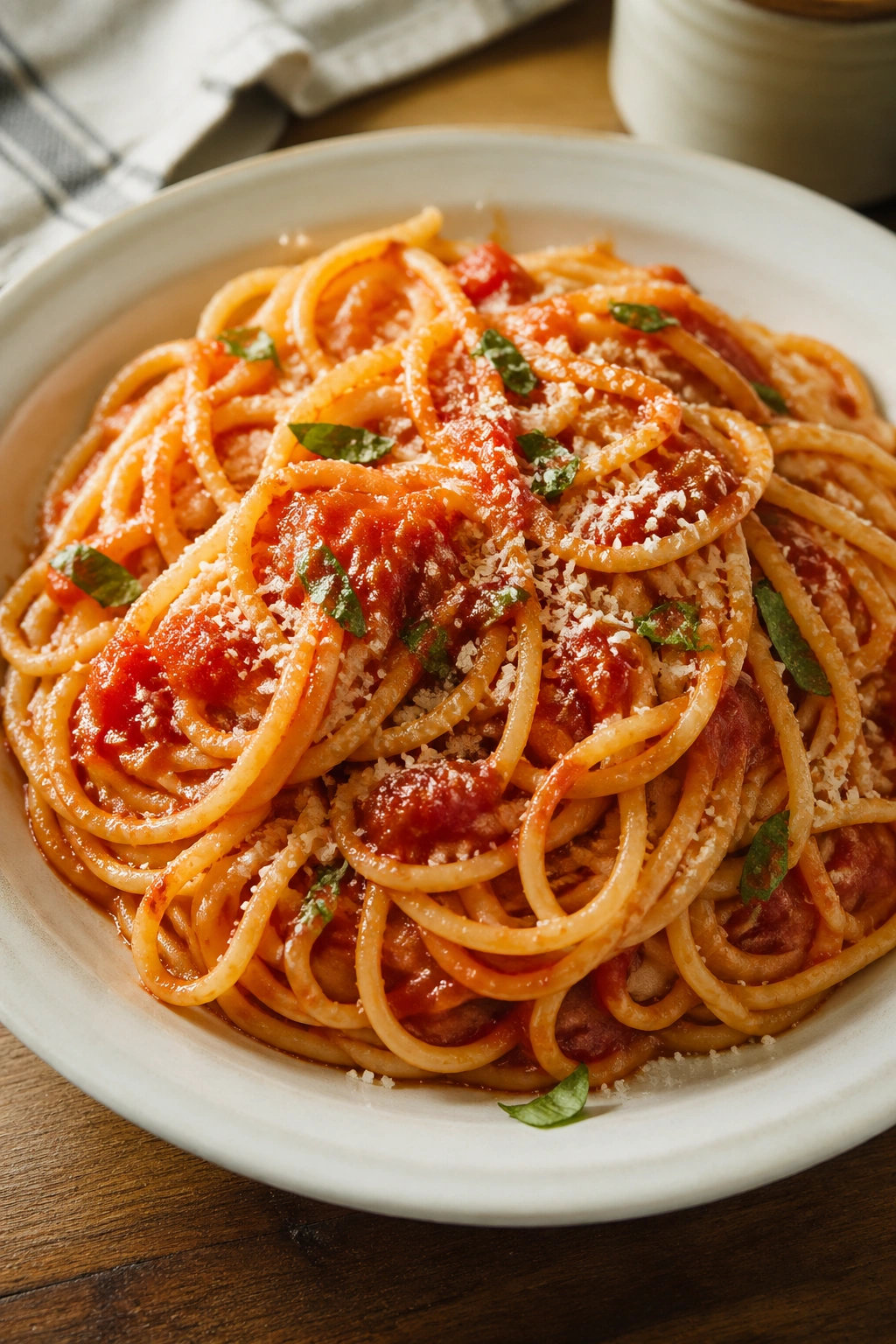 Plate of pasta with tomato sauce in a kitchen setting, close-up.