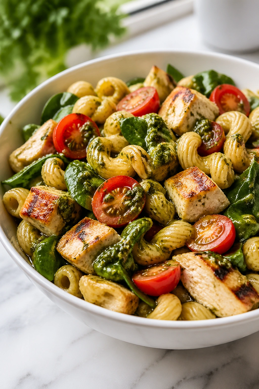 Close-up of chickpea pasta salad with chicken and pesto in a bowl.