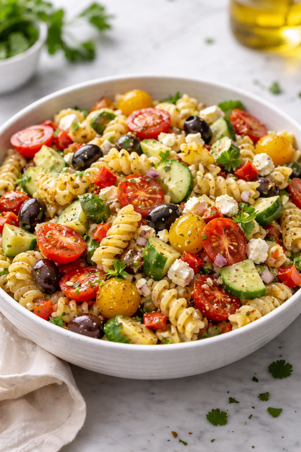 Colorful pasta salad in a bowl ready to eat cold