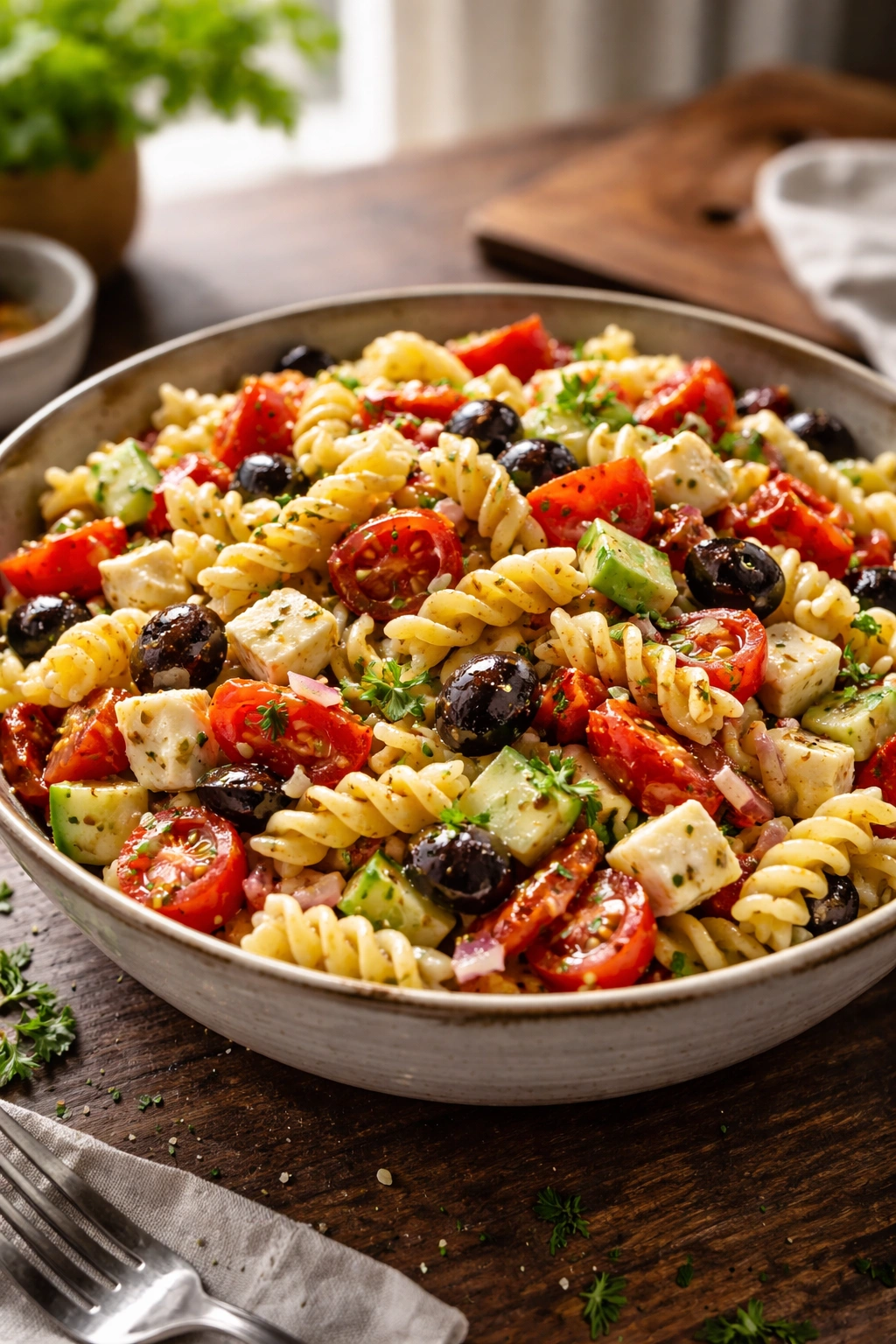 Close-up of pasta salad with olives and peppers in a bowl on a wooden table.