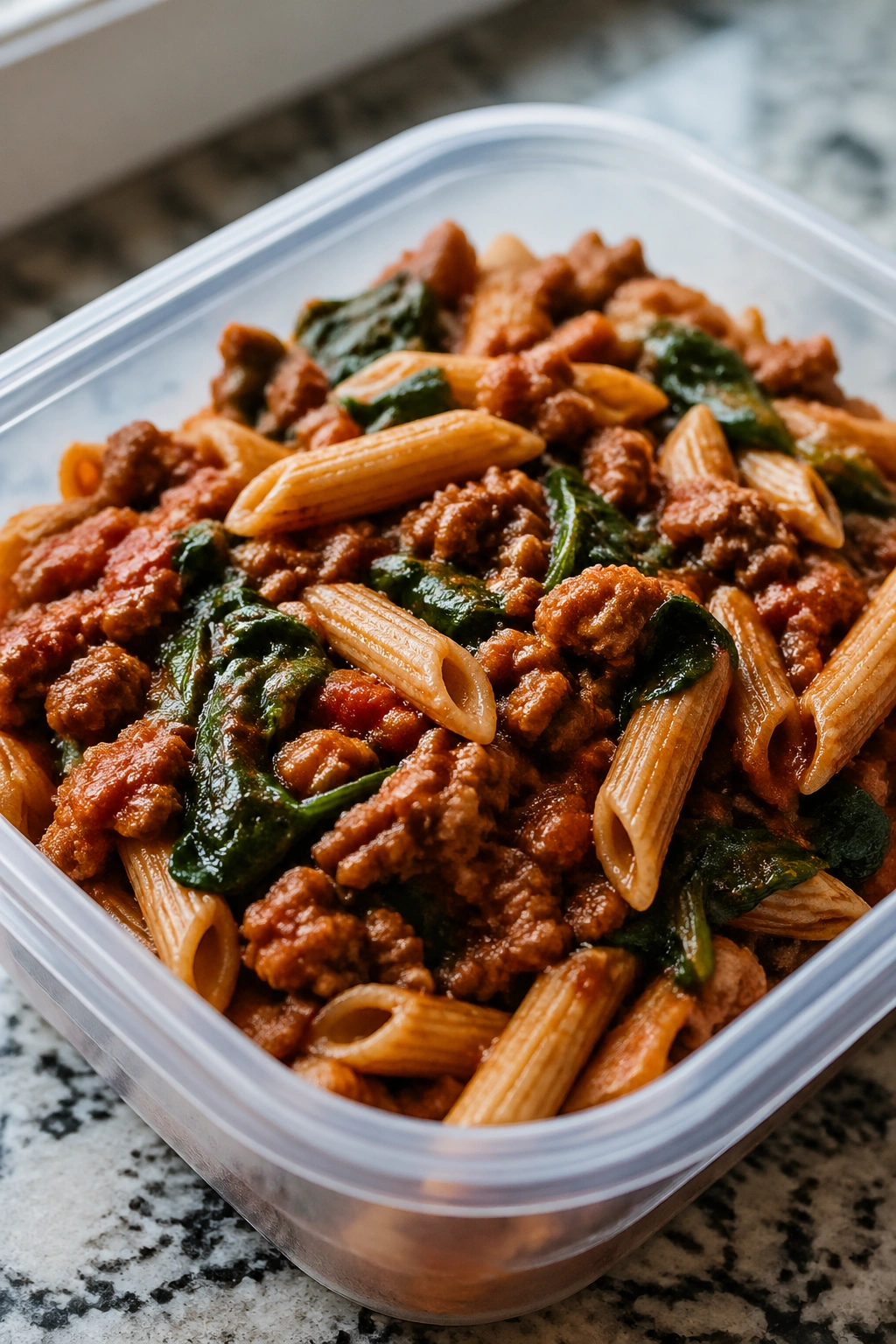 Close-up of Lean Meat Sauce Pasta with Spinach in a meal-prep container on a kitchen counter