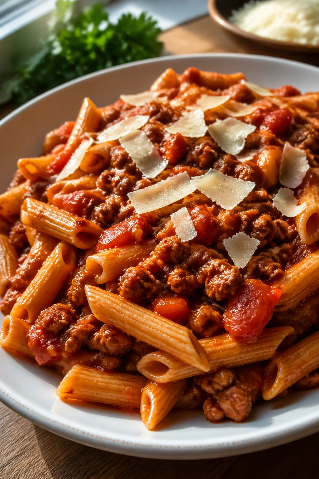 Close-up plate of pasta with turkey meat sauce, recovery meal after leg day