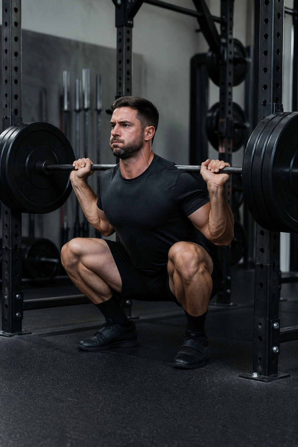 Lifter paused at the bottom of a squat in a gym