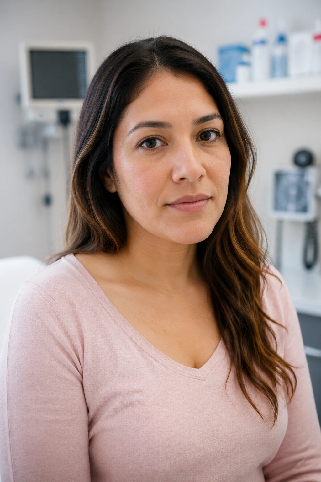 Medium-close portrait of a real woman in a clinical setting showcasing a concerned, thoughtful expression